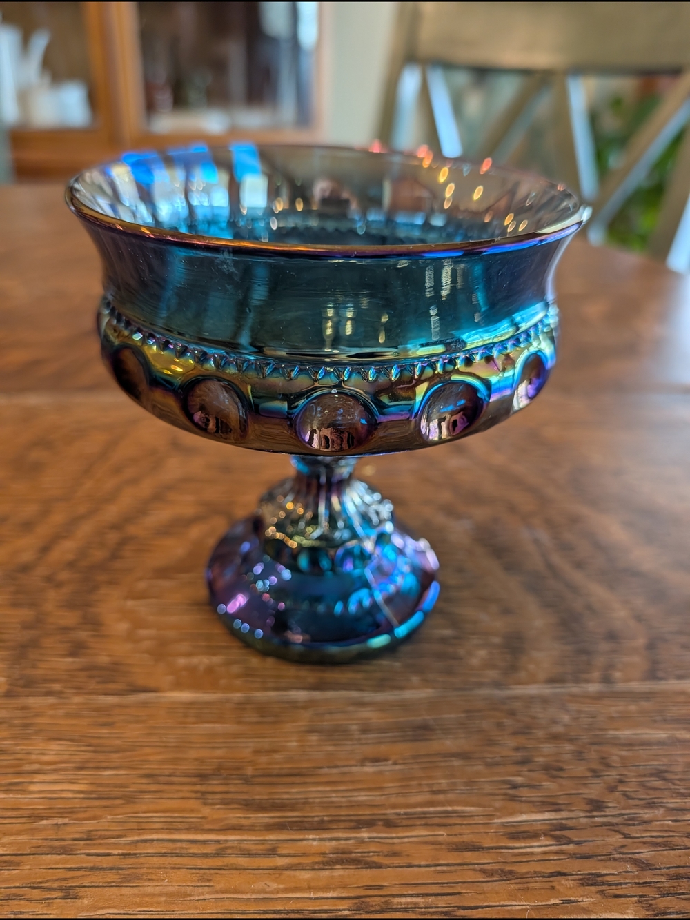 Indiana Glass Iridescent Blue-Purple Carnival Glass Compote